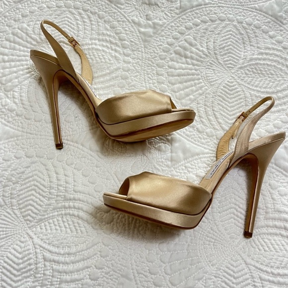 JIMMY CHOO Satin Strap Heels 120mm Champagne Toe Strap Back Strap Size 41 - Picture 4 of 11